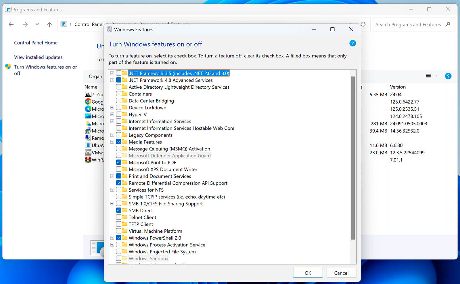 Sua Loi Microsoft .Net Framework Tren Windows Features 02 Bỏ Chọn Các Tùy Chọn .Net Trong Turn Windows Features On Or Off
