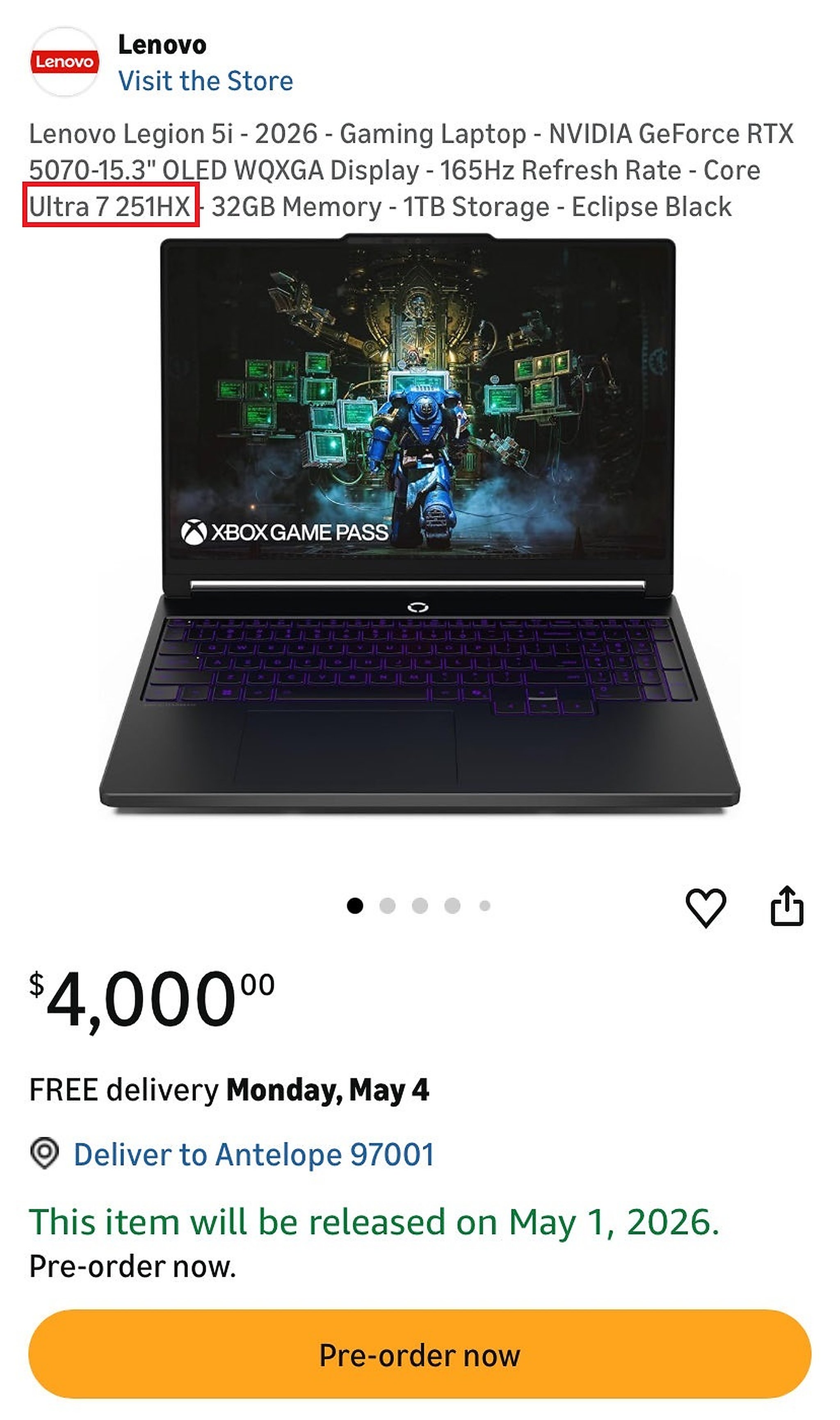 Intel Core Ultra 7 251Hx Trên Listing Lenovo Legion 5I 2026