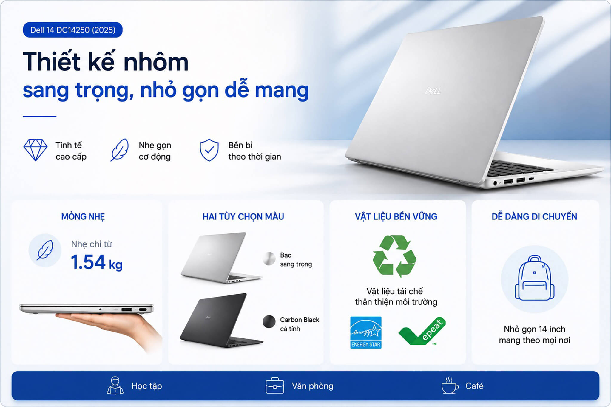 Dell 14 Dc14250 2025 Features 01 Dell 14 Dc14250 (2025) Có Thiết Kế Nhôm Sang Trọng, Nhỏ Gọn Dễ Mang