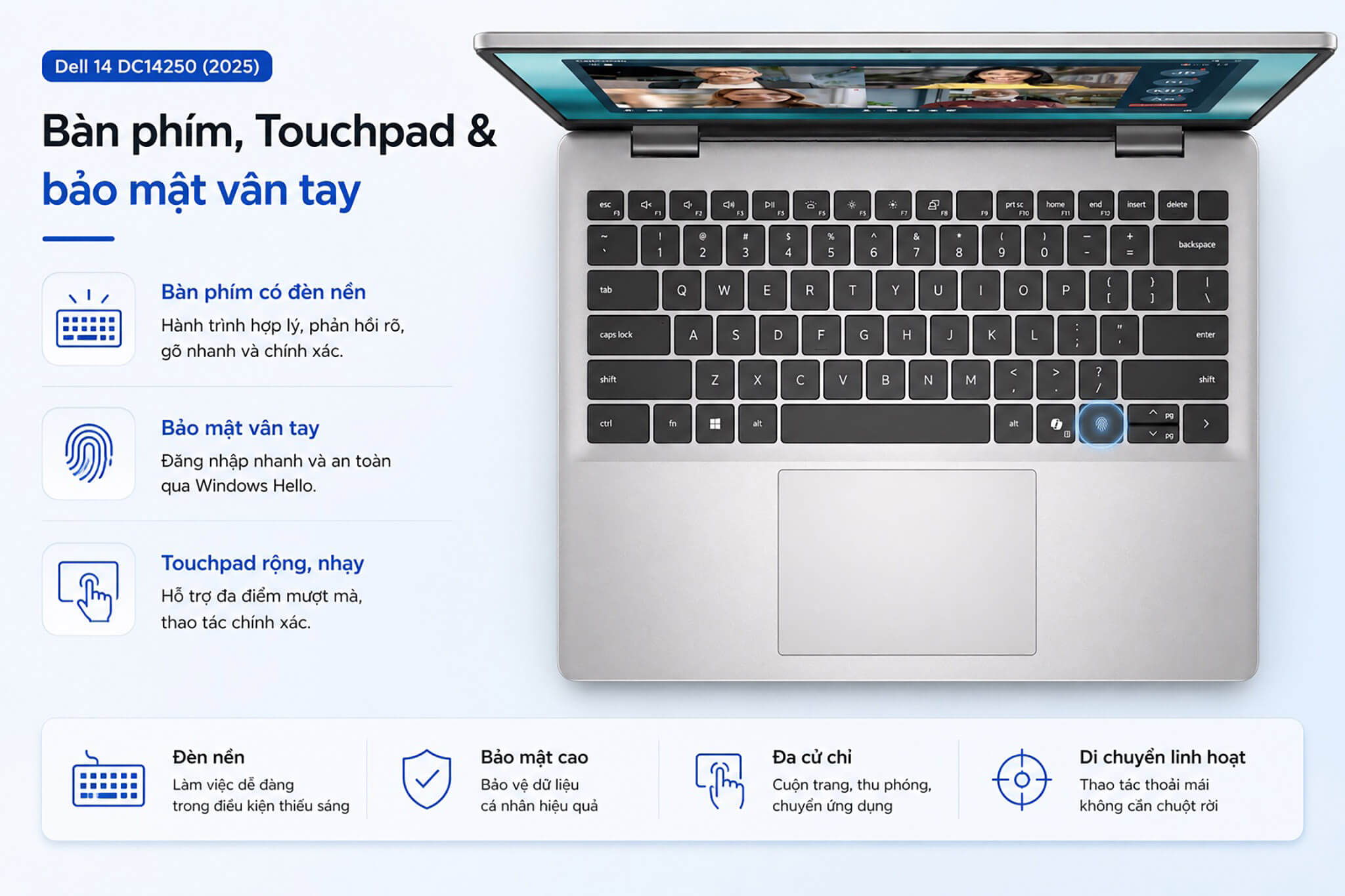 Dell 14 Dc14250 2025 Features 05 Bàn Phím, Touchpad &Amp; Bảo Mật Vân Tay Trên Dell 14 Dc14250 (2025)