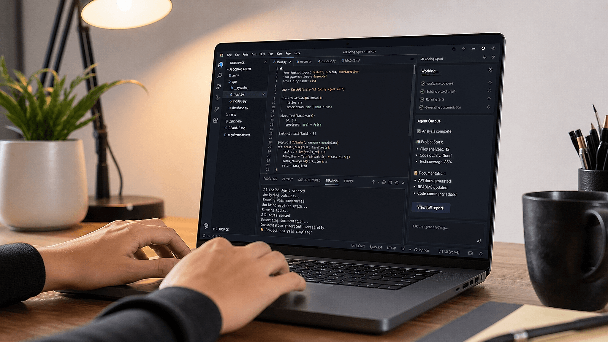 Laptop Trên Bàn Làm Việc Hiển Thị Trình Soạn Mã Và Terminal Đang Chạy Tác Tử Ai