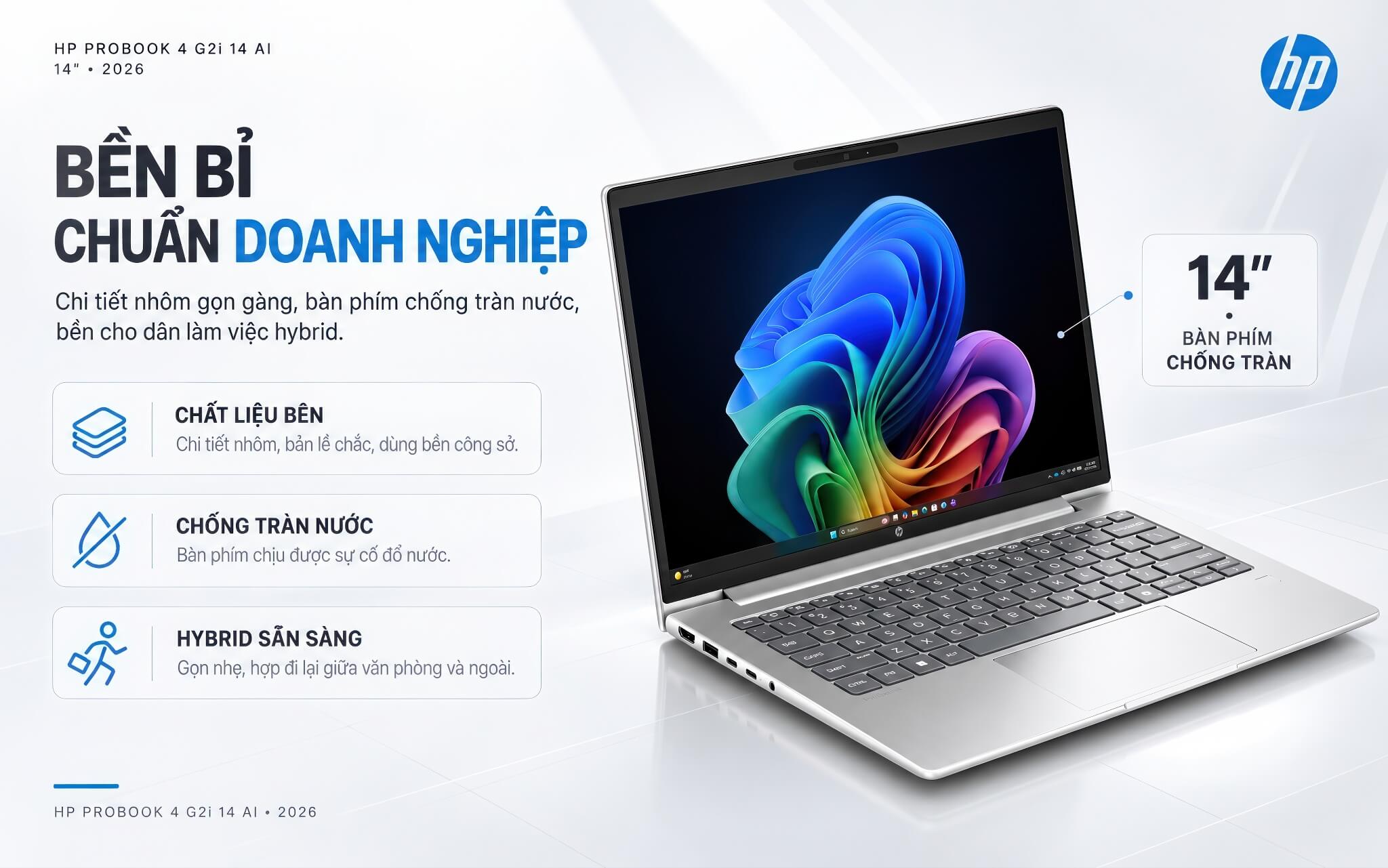HP ProBook 4 G2i 14 AI 2026 Features 01 Thiết kế bền bỉ, chuẩn doanh nghiệp của HP ProBook 4 G2i 14 AI