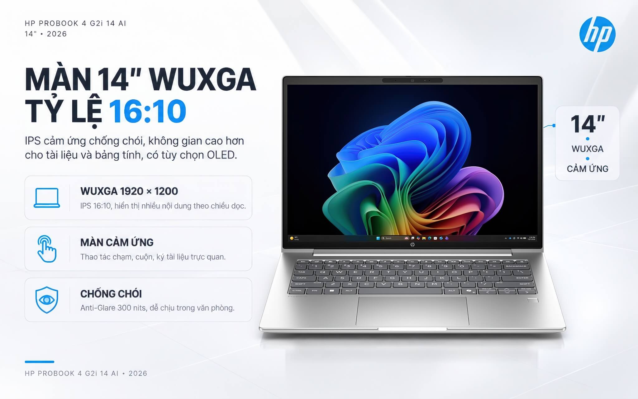 HP ProBook 4 G2i 14 AI 2026 Features 02 Màn hình HP Probook 4 G2i AI 14 inch WUXGA cảm ứng, chống chói cho công việc văn phòng