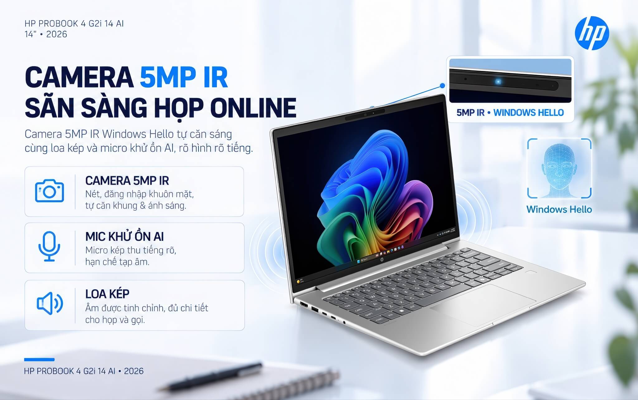 HP ProBook 4 G2i 14 AI 2026 Features 07 Camera 5MP IR và âm thanh cho họp trực tuyến trên HP ProBook 4 G2i 14 AI (2026)