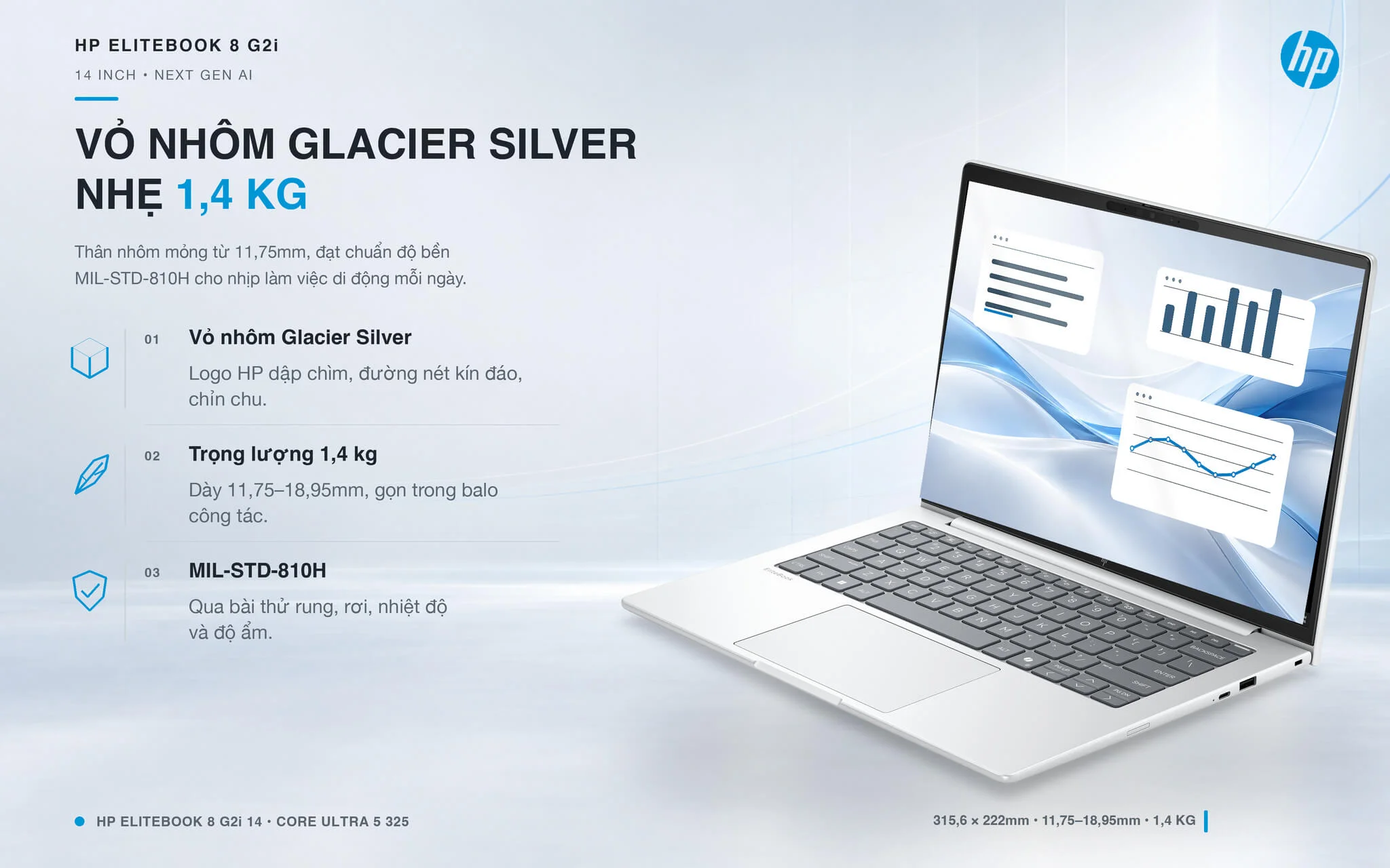 HP EliteBook 8 G2i 14 Next Gen AI 2026 Features 01 Thiết kế HP EliteBook 8 G2i 14 inch vỏ nhôm Glacier Silver, nặng chỉ 1,4kg