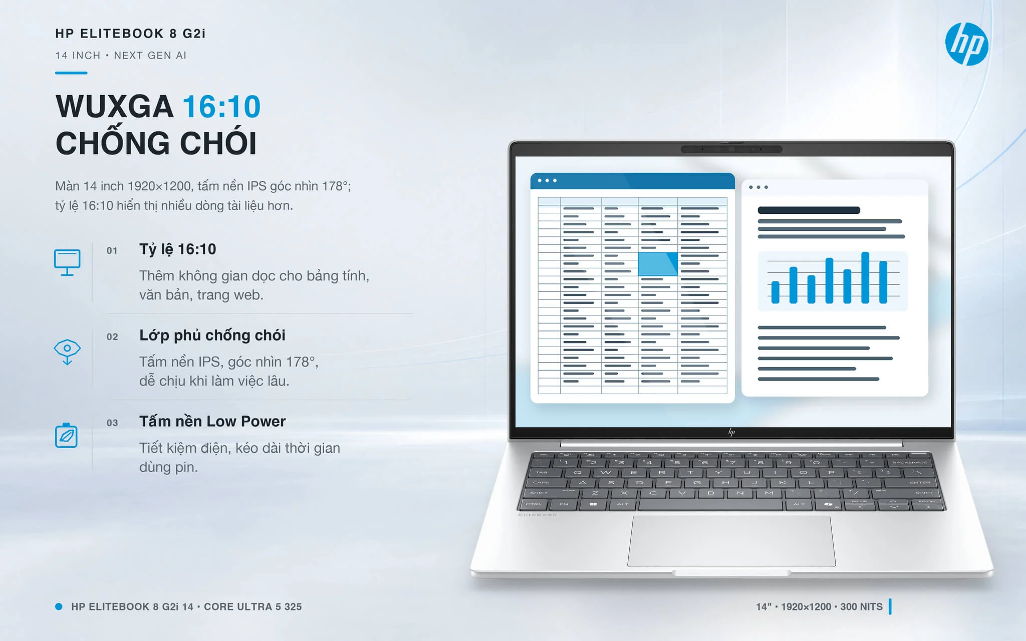 HP EliteBook 8 G2i 14 Next Gen AI 2026 Features 02 Màn hình HP EliteBook 8 G2i WUXGA 16:10 chống chói cho giờ làm việc dài