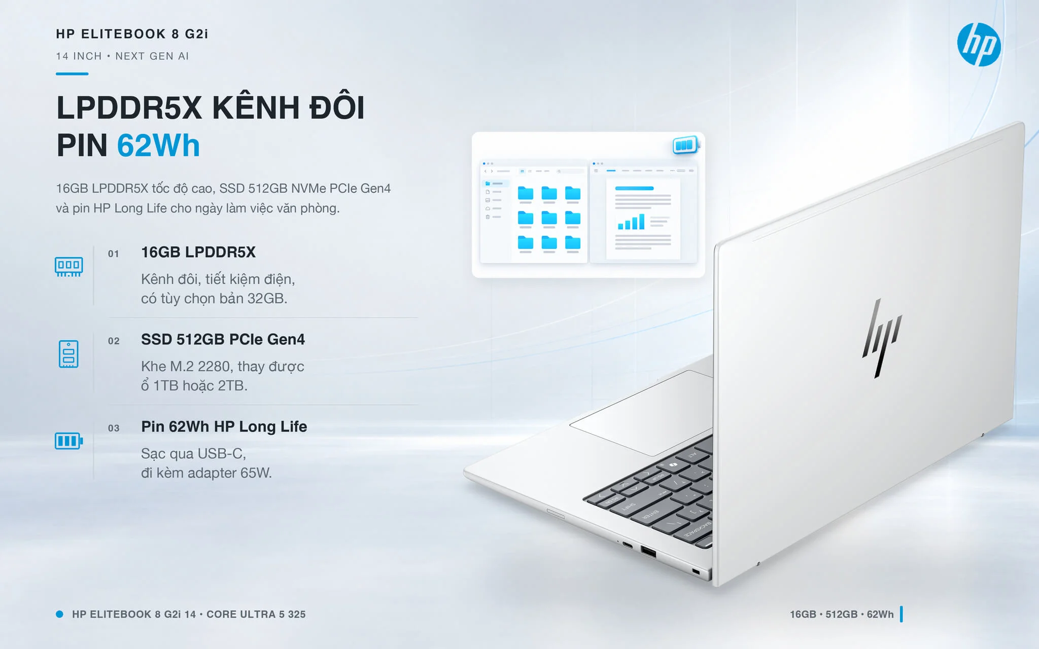 HP EliteBook 8 G2i 14 Next Gen AI 2026 Features 05 RAM LPDDR5X, SSD PCIe và pin 62Wh trên HP EliteBook 8 G2i 14 inch