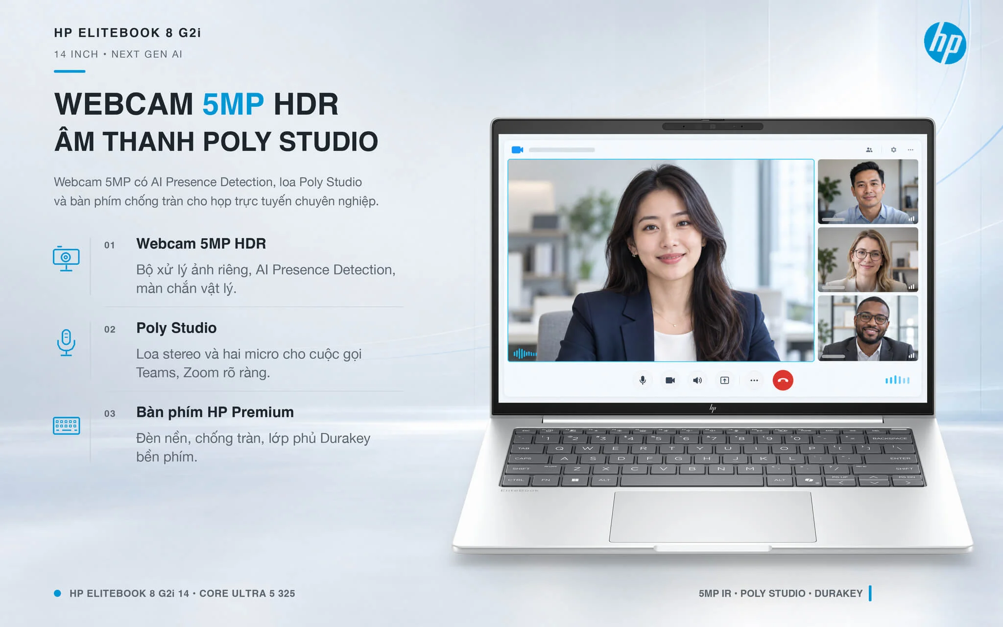 HP EliteBook 8 G2i 14 Next Gen AI 2026 Features 07 Bàn phím chống tràn, webcam 5MP và âm thanh Poly Studio trên HP EliteBook 8 G2i