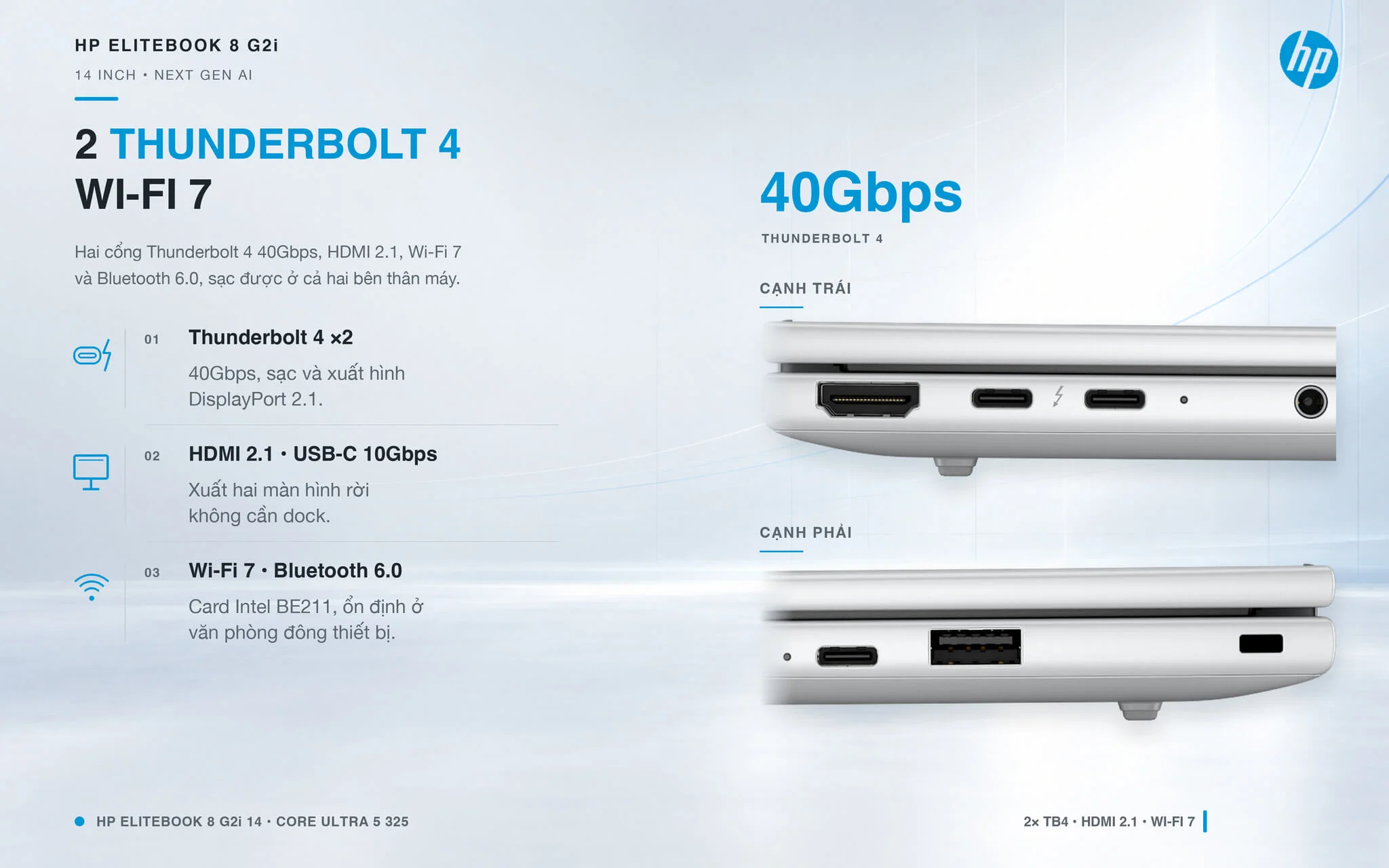 HP EliteBook 8 G2i 14 Next Gen AI 2026 Features 08 Cổng kết nối HP EliteBook 8 G2i 14 inch với 2 Thunderbolt 4, HDMI 2.1 và Wi-Fi 7