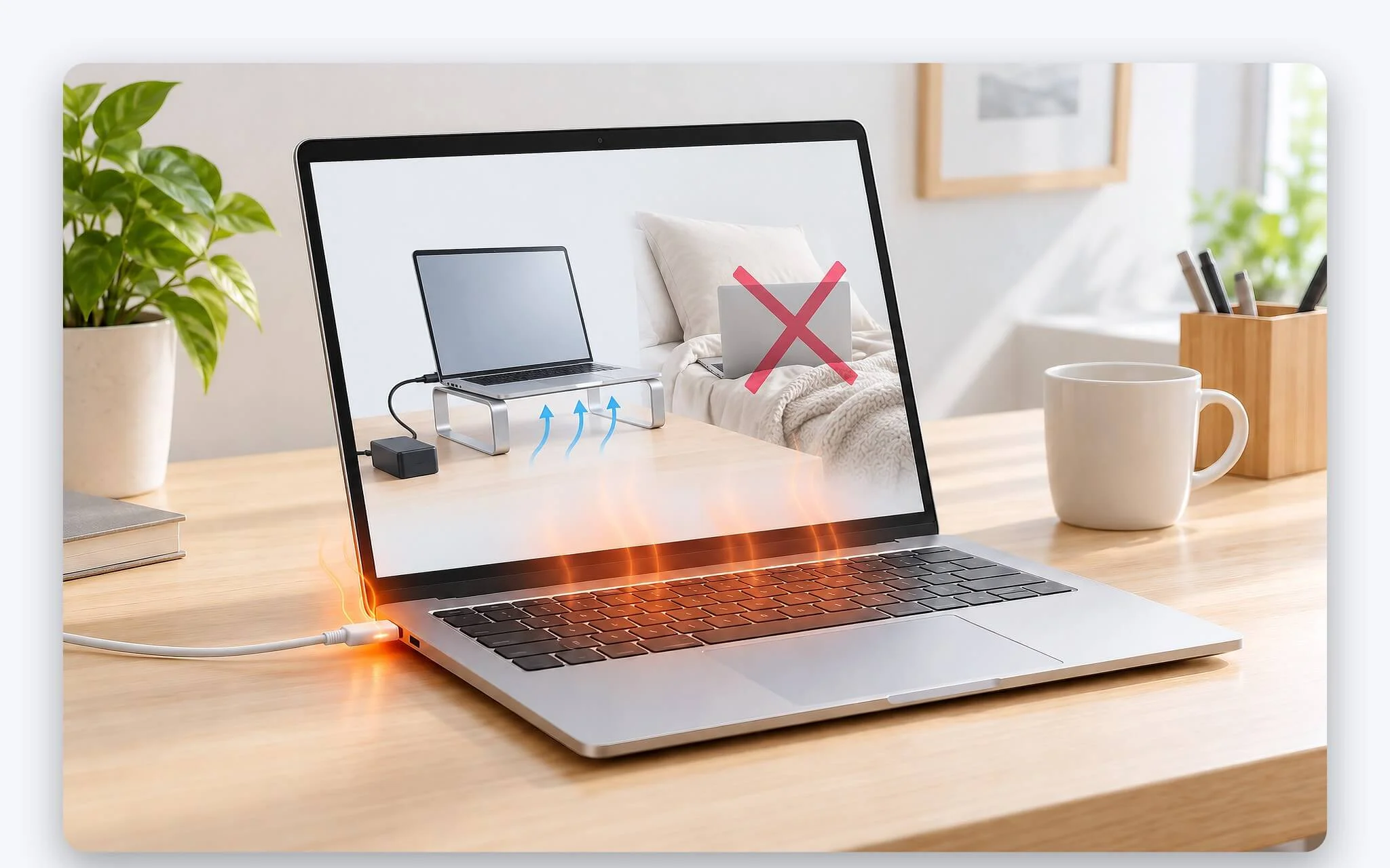 Kê laptop thoáng khí và dùng adapter đúng công suất khi sạc